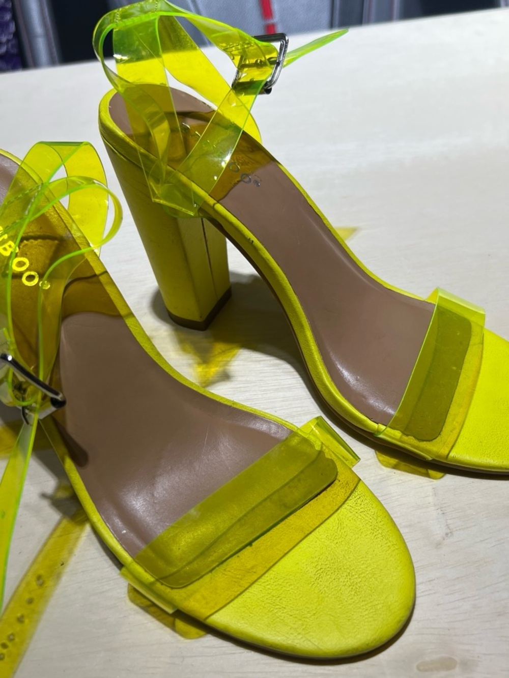 BAMBOO Neon Yellow Clear-Strap Block Heel Sandals